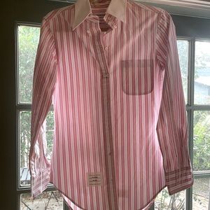 Thom Browne pink and white striped collared shirt